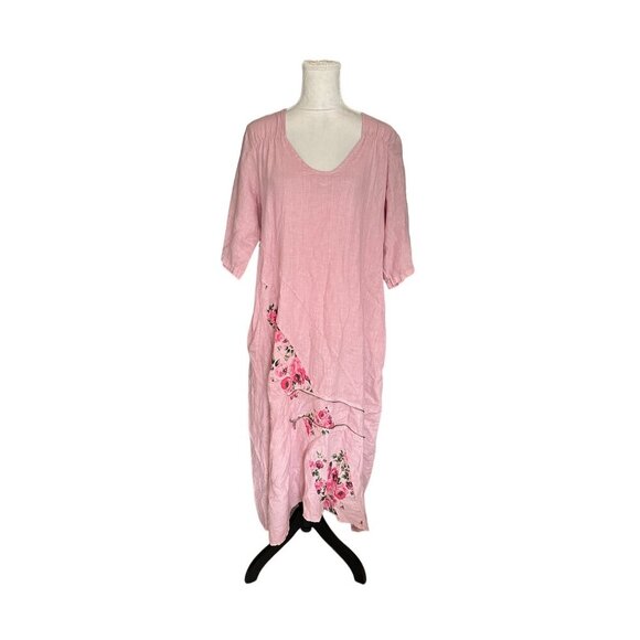 Lin Blanc 100% Linen Pink  Floral Embellished Long Dress Lagenlook- Sz 46 Unique - Picture 1 of 10